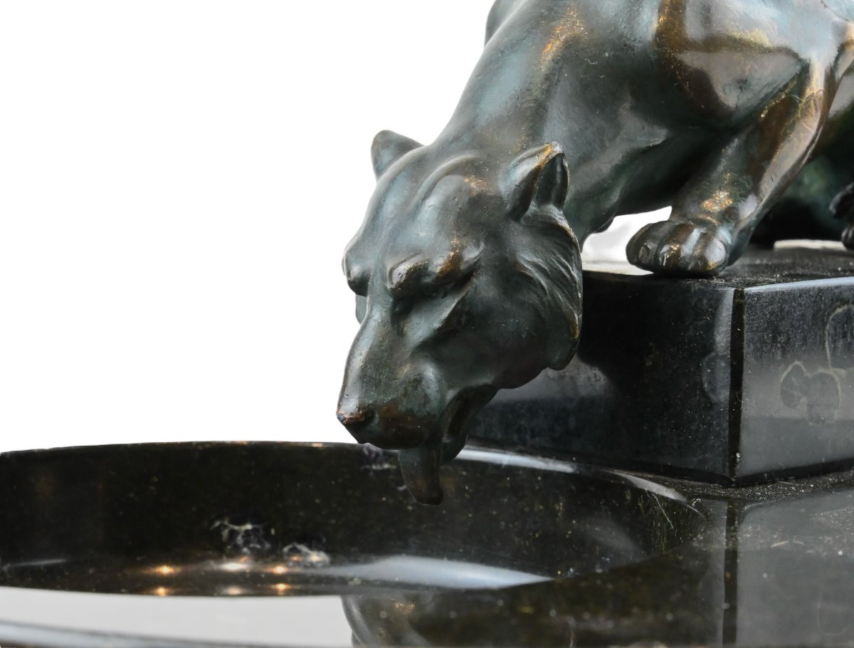 Art Deco Black Marble Tin Tray With Patinated Metal Lioness - France 1920s-photo-1